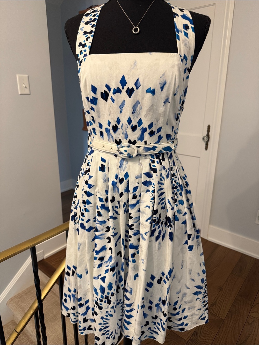 White House Black Market White and Blue Cotton Halter Dress